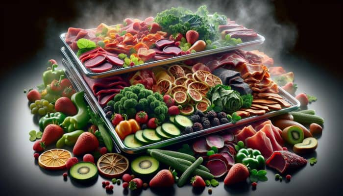 Food Dehydration Tips: Colorful fruits, vegetables, and meats on a dehydrator tray with steam, preserving nutrients.