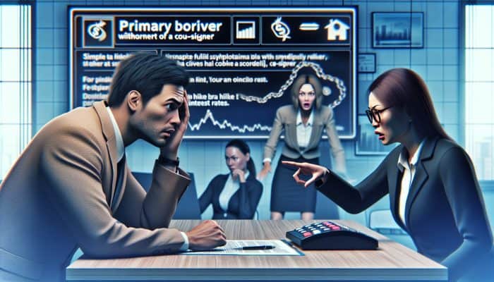 A lender adjusts loan terms on a screen as a distressed borrower reacts to cosigner withdrawal, indicating financial instability.