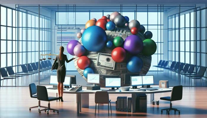 Infographic illustrating UK debt consolidation with charts, person managing debts, and unified loan in modern office.