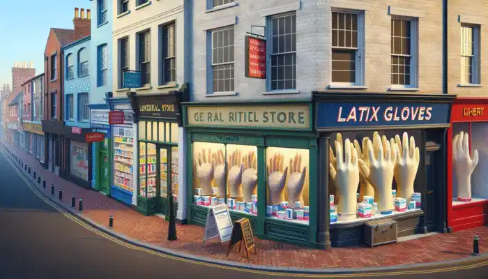 Latex Gloves in Portsmouth: A busy Portsmouth street with Boots and Lloyds Pharmacy windows displaying various latex gloves for community needs.