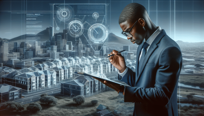 A buyer in Cape Town inspecting a property, report in hand, against the city's skyline.