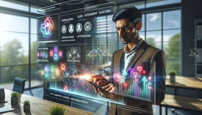 A focused data analyst in a modern office examines vibrant graphs of declining user engagement metrics like CTR and time-on-page, with holographic user interaction overlays.