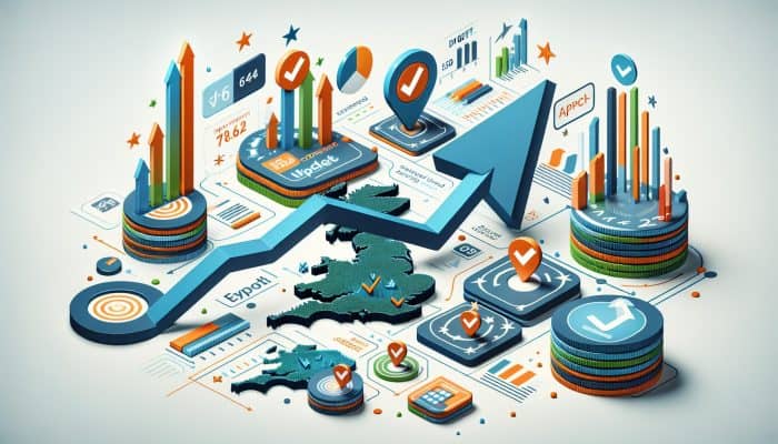 Infographic showing debt consolidation's effect on UK credit scores with graphs, map, and improvement symbols.