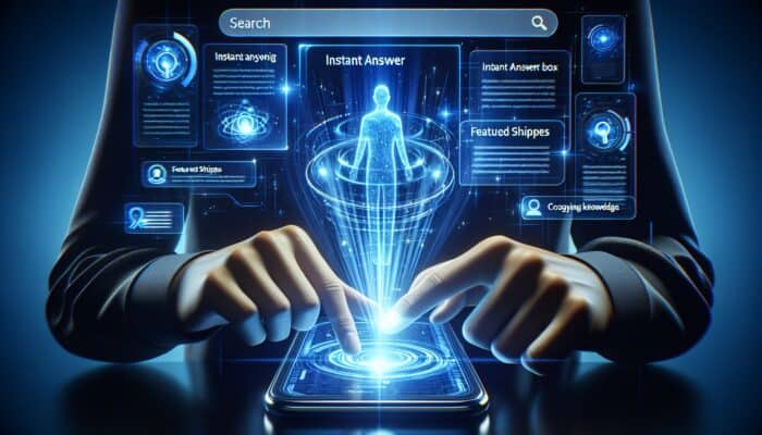 Best Practices for Zero-Click Search Strategies: A user types a search query on a glowing smartphone, with instant answer boxes and holographic knowledge panels in a vibrant blue interface.