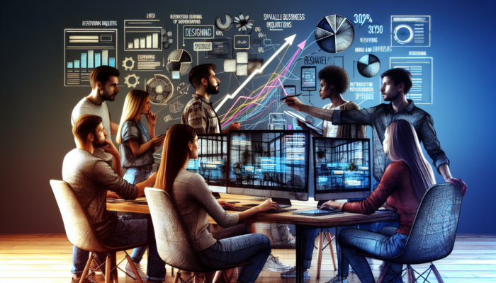 A team of web designers in a modern Poole office collaborates on a restaurant website redesign, analyzing screens and observing a 30% increase in inquiries.