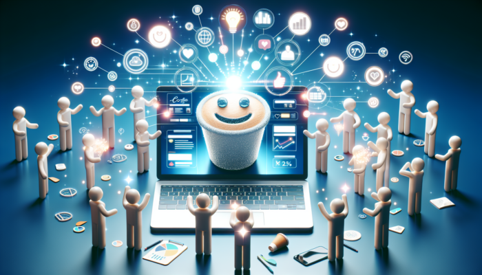 A modern website for a Poole coffee shop displayed on a laptop, featuring interactive menus, blog posts, and smiling customers sharing on social media.