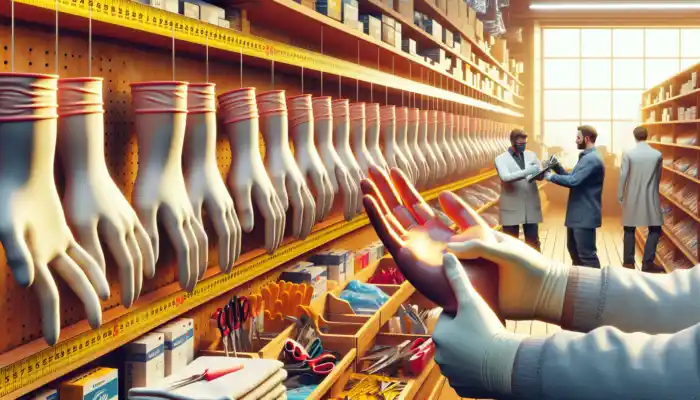 A vibrant glove shop in the UK showcasing a variety of latex gauntlet gloves, as a consultant measures a hand for an ideal fit and safety.