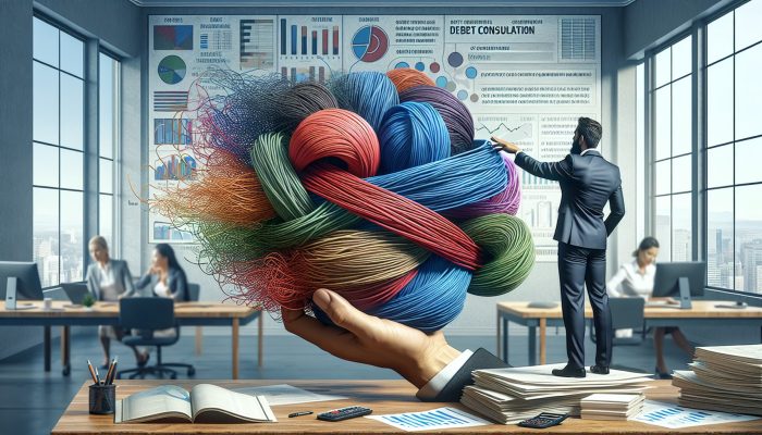 How to Qualify for Debt Consolidation with Poor Credit: UK Guide | DCL A person merging colorful tangled strings into one clear string, symbolizing debt consolidation, in a calming office.