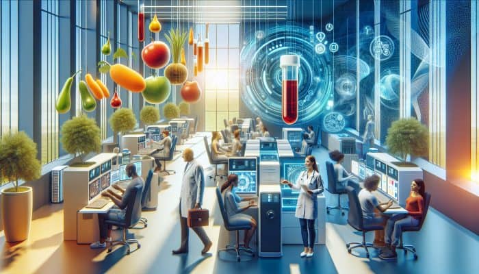 In a modern Bracknell clinic, satisfied patients undergo mineral blood tests while a doctor reviews digital displays showcasing balanced mineral levels and vitality indicators.