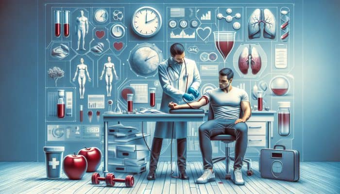 A healthcare professional draws blood from a fasting patient in a modern UK lab, surrounded by dietary symbols, lifestyle charts, and a clock to emphasize precise health testing.